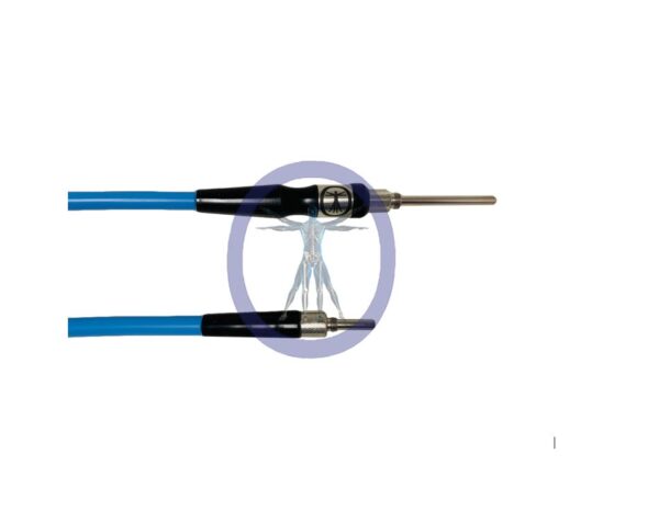 A blue and black cable with a black handle.