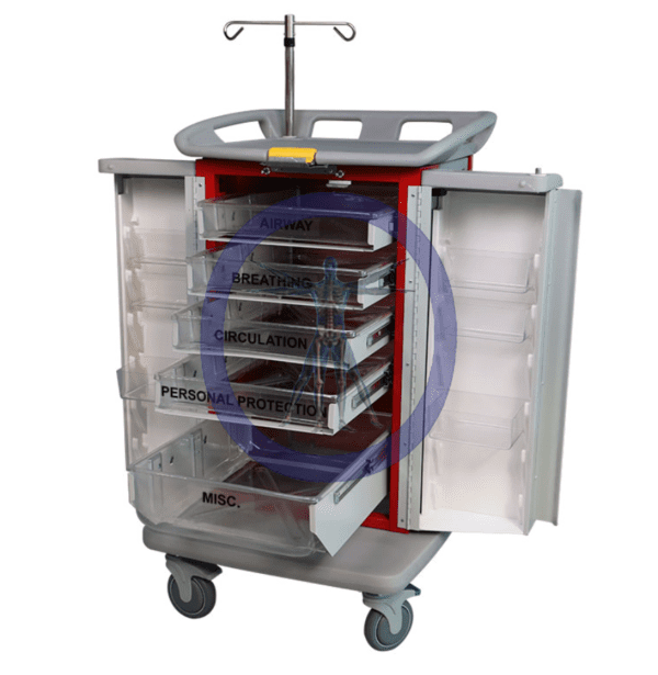 A medical cart with drawers on wheels.