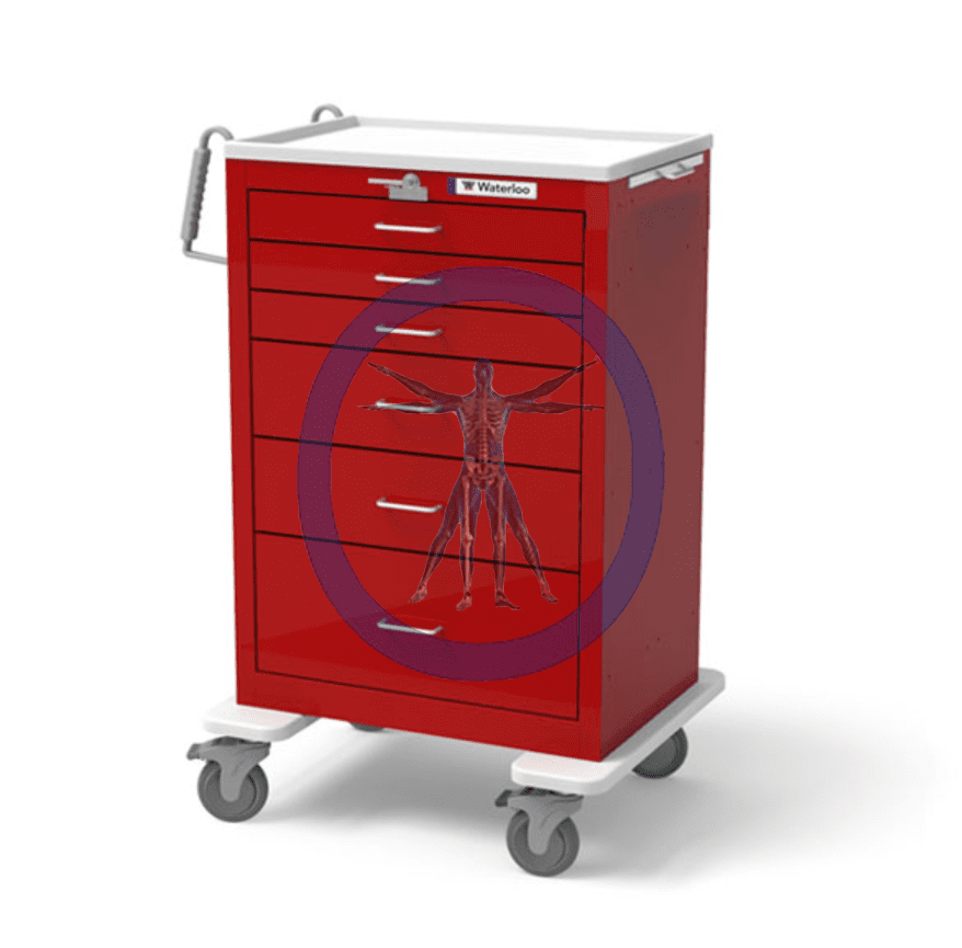 An image of a red medical cart on wheels.